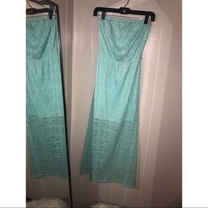 Blue strapless maxi lace dress